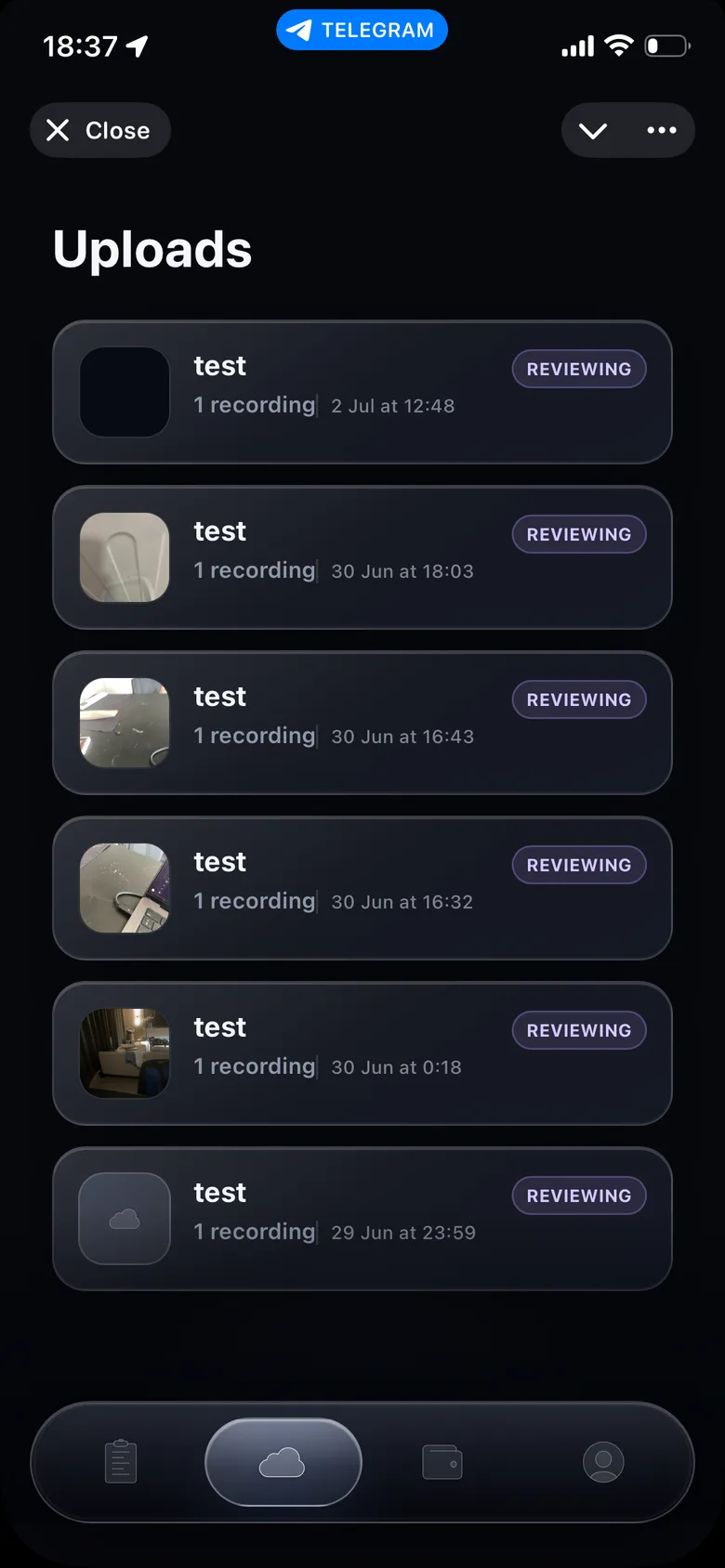 Bodi uploads review screen inside Telegram