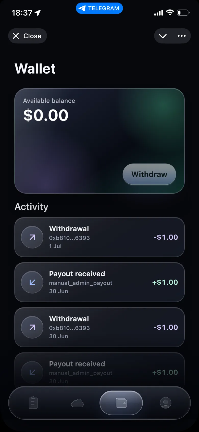 Bodi wallet activity screen inside Telegram