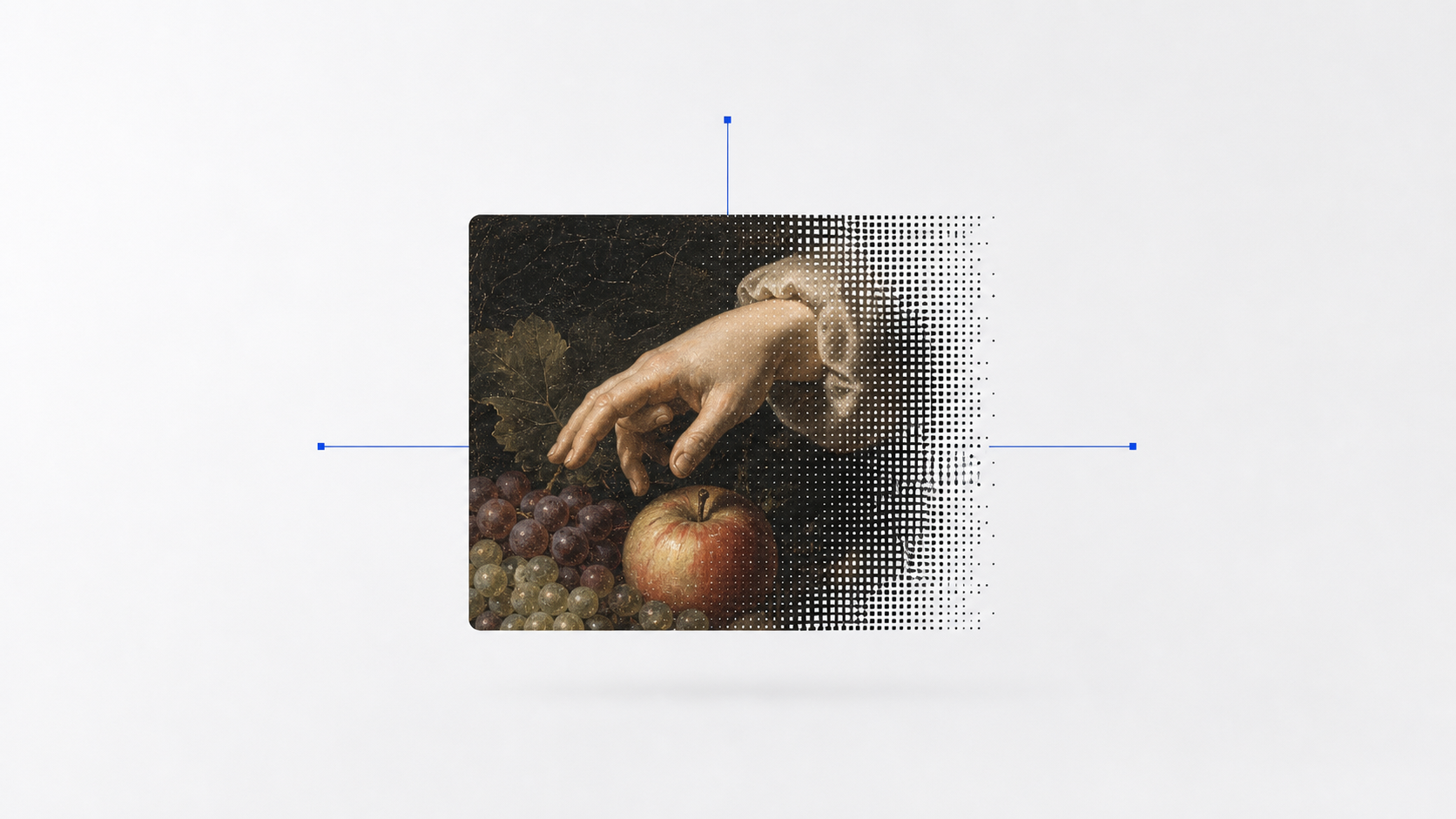 A Renaissance-style image tile of a hand and fruit with a halftone dither edge and blue geometry.