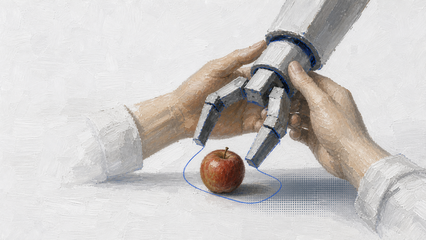 Human hands guiding a painterly robot hand over a simple object.