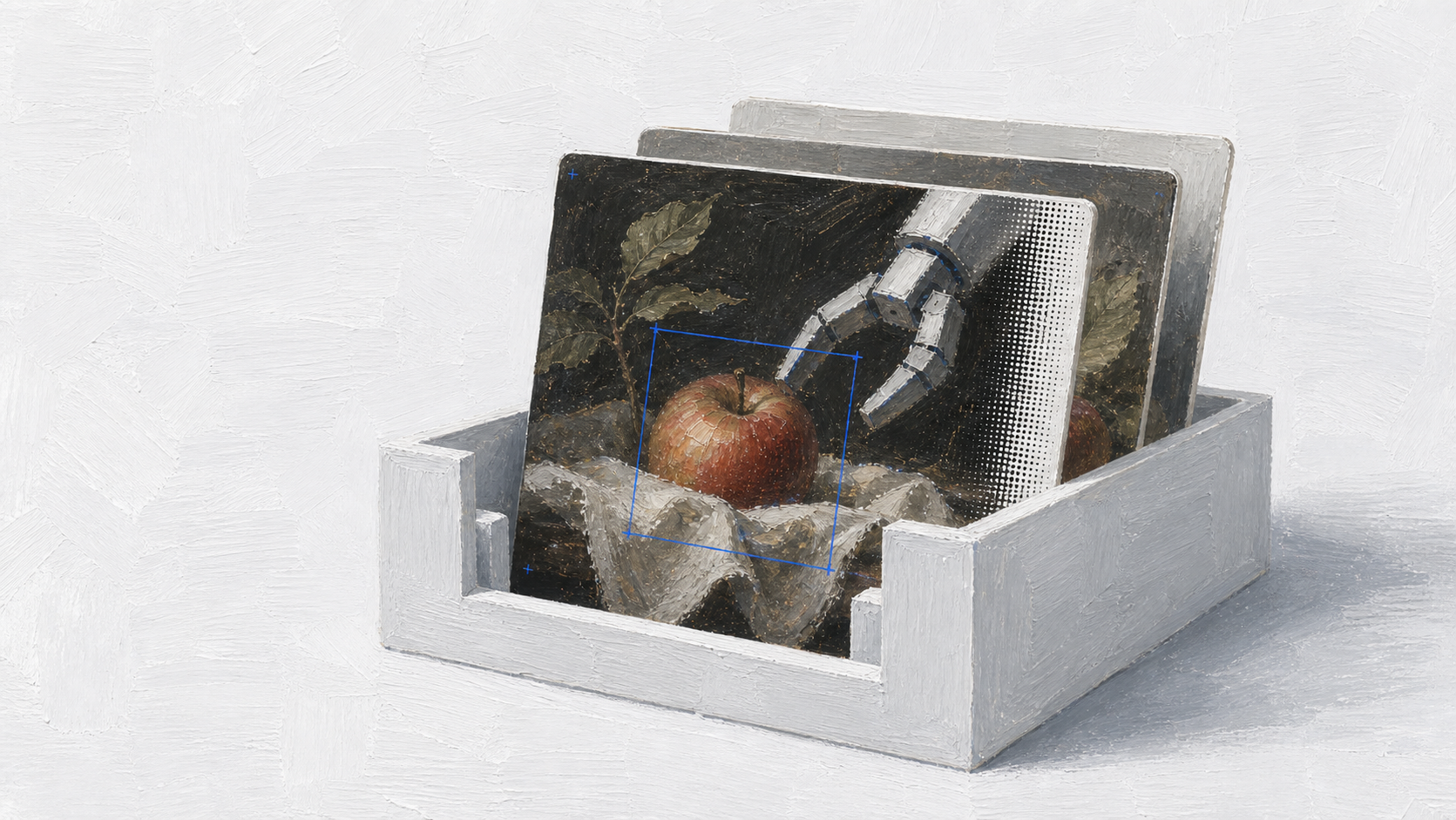 A minimal painted archive tray holding dataset image plates on a clean white field.