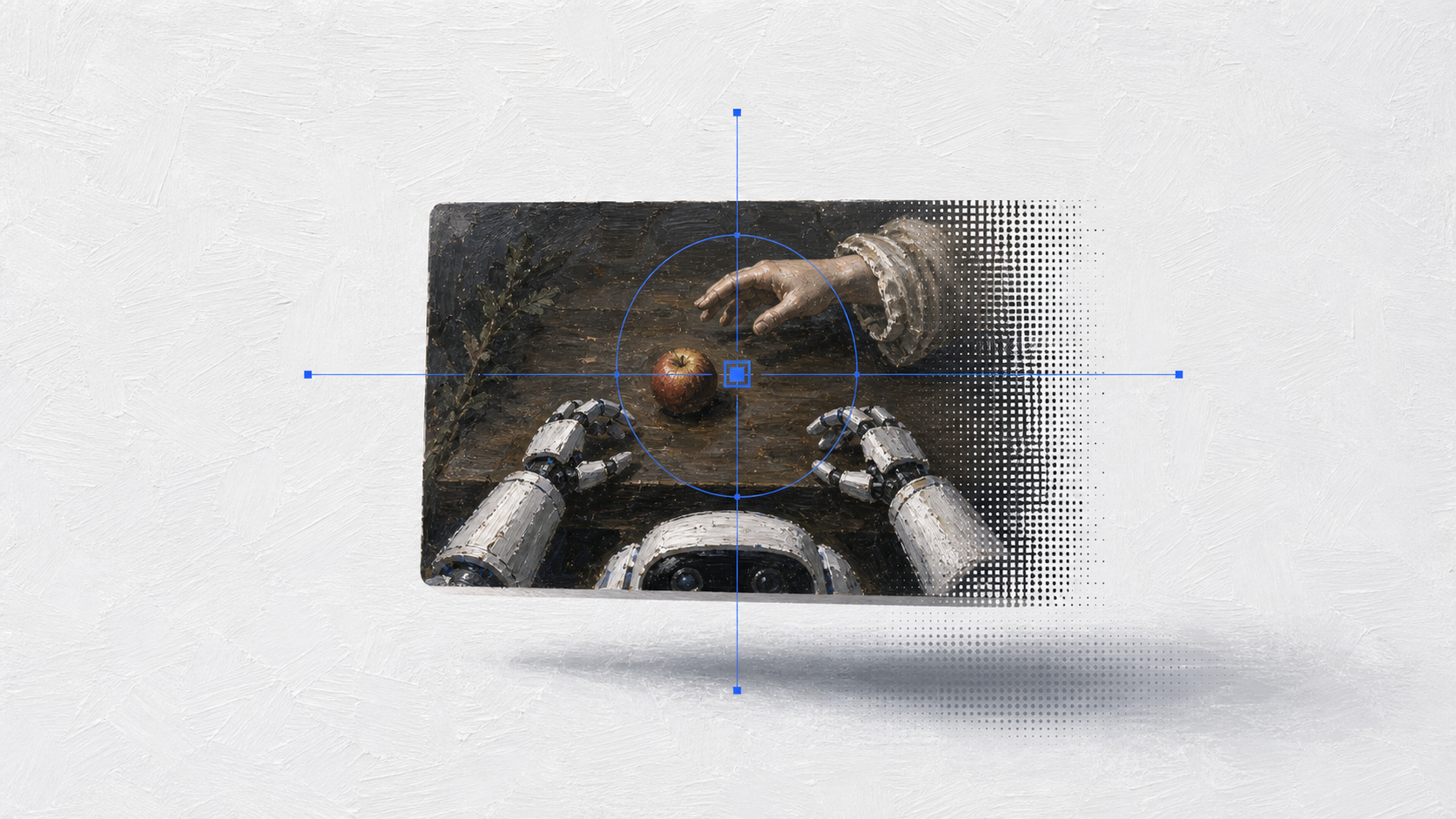 A painted visual search tile on a clean white field with a cobalt reticle and sparse dither.