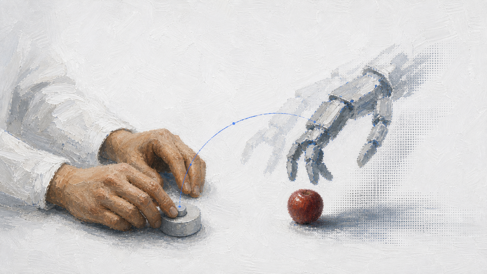 Human hands and a ghosted painterly robot hand echoing a motion over a simple object.